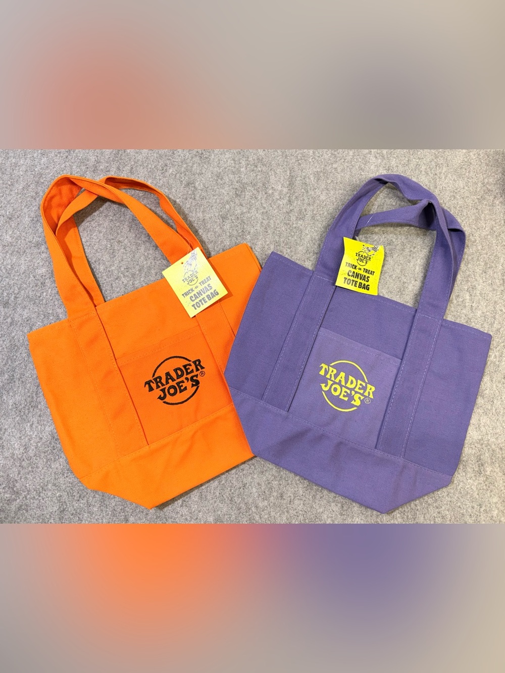 Trader Joe’s or Treat Canvas Tote bags set of 2 Purple Orange Halloween NWT